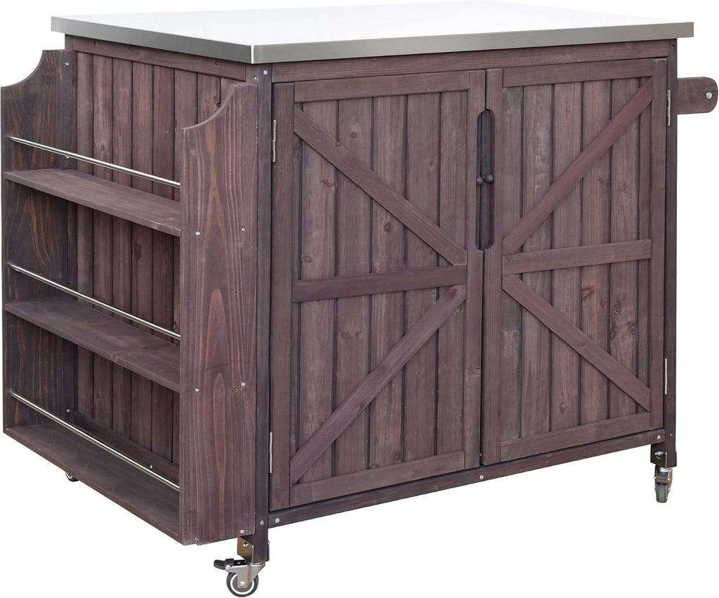 LUMISOL Outdoor Rolling Kitchen Cart with Stainless Steel Top, 42.1' Grill Cart with Adjustable Shelf and 4 Wheels, Farmhouse Kitchen Island with Side Shelf and Storage Cabinet, Dark Brown