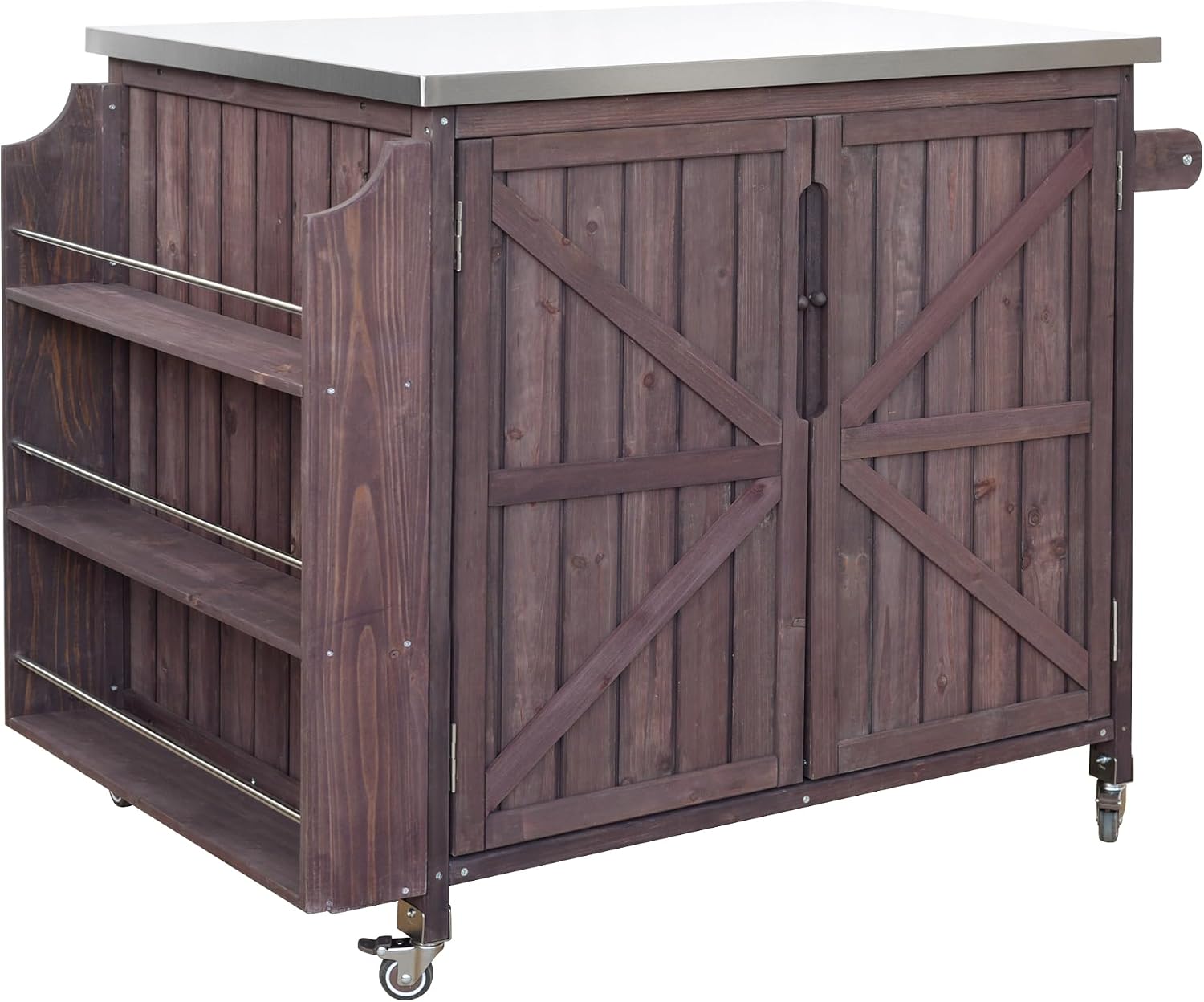 LUMISOL Outdoor Rolling Kitchen Cart with Stainless Steel Top, 42.1' Grill Cart with Adjustable Shelf and 4 Wheels, Farmhouse Kitchen Island with Side Shelf and Storage Cabinet, Dark Brown