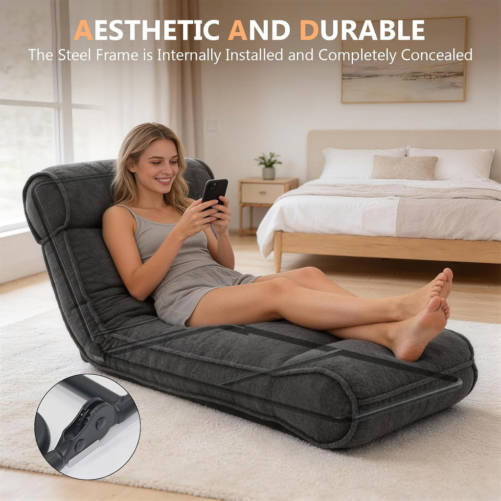 67'' Floor Chair with Back Support Meditation Chair Couch Recliner w Adjustable Backrest Lazy Floor Lounger Gaming Chair for Adults Sofa Bed Sleeper Chair Chaise Lounge Chair Indoor, Dark Gray