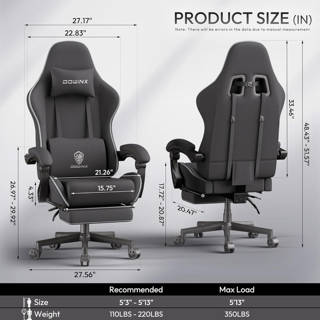 Dowinx Gaming Chair Fabric Big and Tall with Pocket Spring Cushion, Massage Game Chair Cloth with Headrest, Ergonomic Computer Chair with Footrest 350LBS, Black