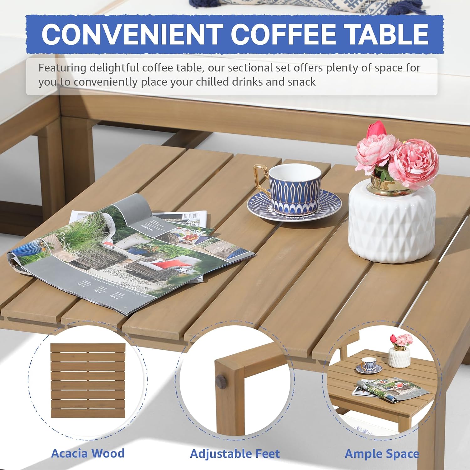 Soleil Jardin 4 Piece Acacia Wood Patio Furniture L-Shaped Outdoor Sectional Sofa Set with Coffee Table, FSC Certified Conversation Set with Built-in Side Table and Cream White Cushions for Garden