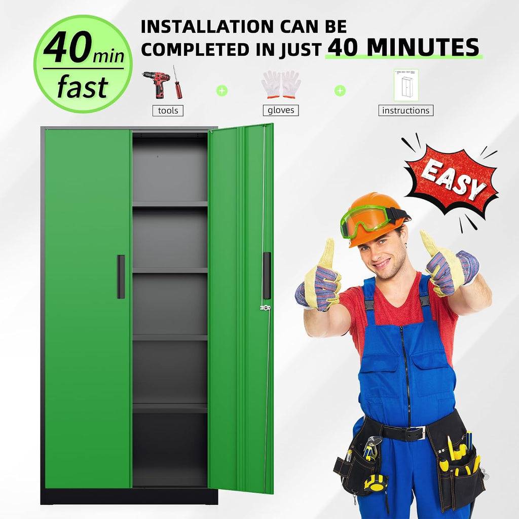 INTERGREAT Metal Storage Cabinet, 72' Locking Steel Cabinets with 2 Door and 4 Adjustable Shelves, Tall Metal Cabinet for Home Office, Garage, Warehouse,(Black+Green)