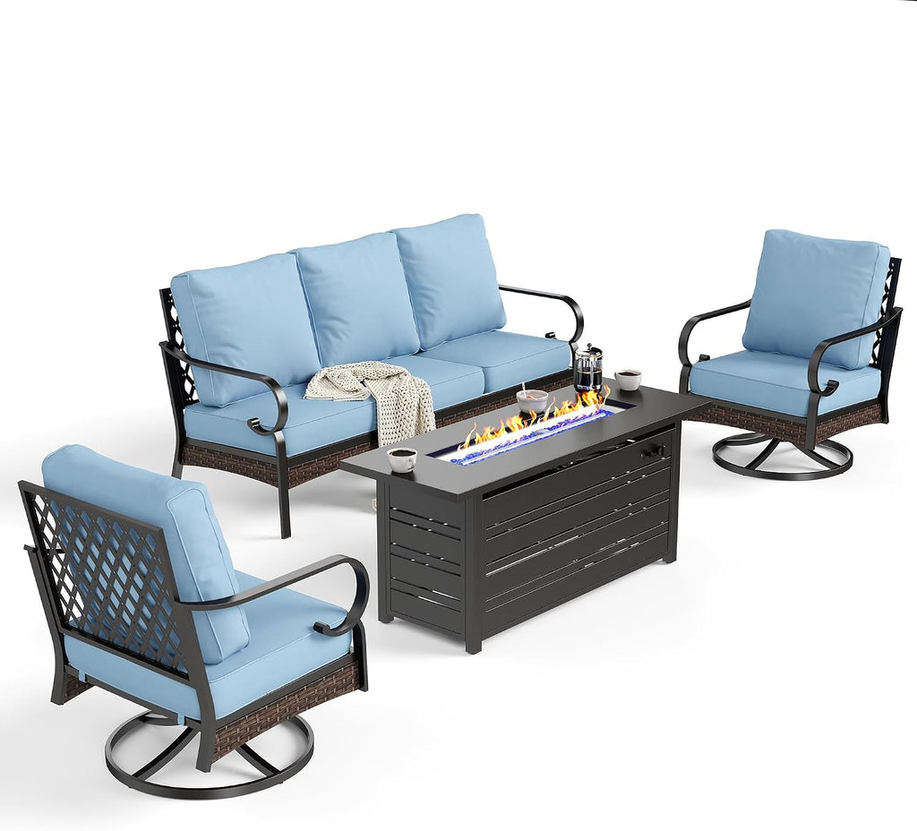 SUNSHINE VALLEY 4 Piece Black Metal Outdoor Patio Furniture Sets with Firepit Table, Patio Conversation Sets 1 3-Seater Sofa, 2 Swivel Sofa with 5.75' Thick Cushion Backyard Furniture for Deck, Blue