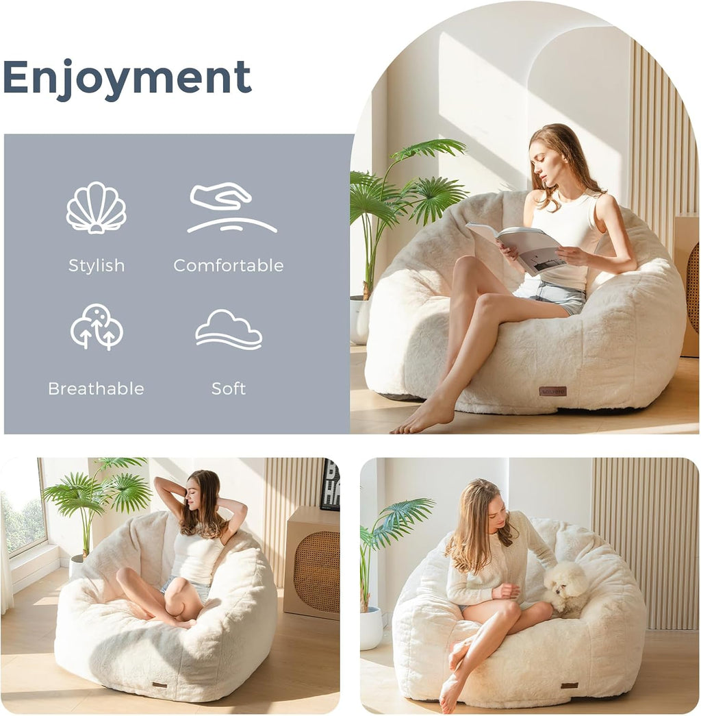 MAXYOYO Giant Bean Bag Chair, Oversized Bean Bag Couch for Adults and Kids, Faux Fur Shell-Shaped Large Chair with Filler, Stuffed Big Accent Sofa Lounge Floor Sofa for Reading, Beige, Standard