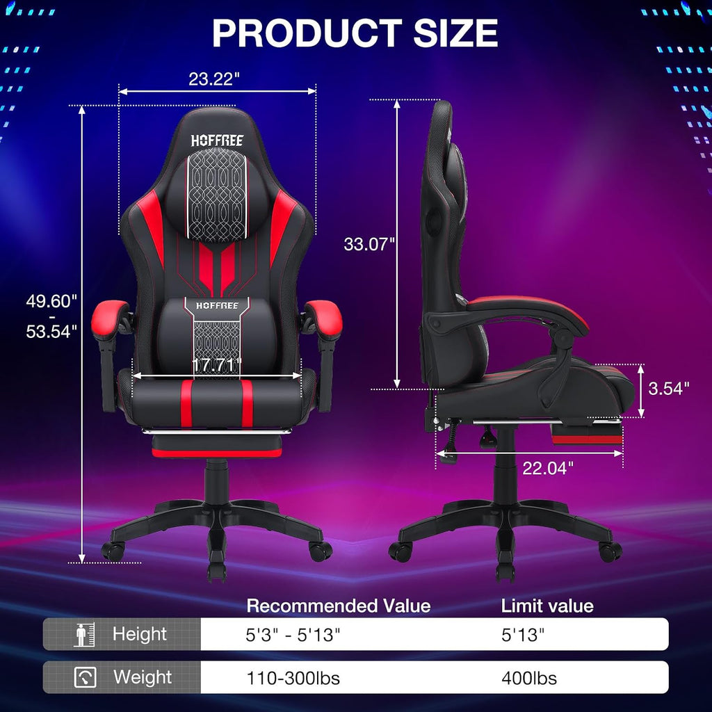 HOFFREE LED Gaming Chair with Speakers and Massage Video Game Chair Big and Tall with Footrest Gamer Chair for 400lbs Computer Desk Chair Red and Black, Red+black, HOGC-MAX303
