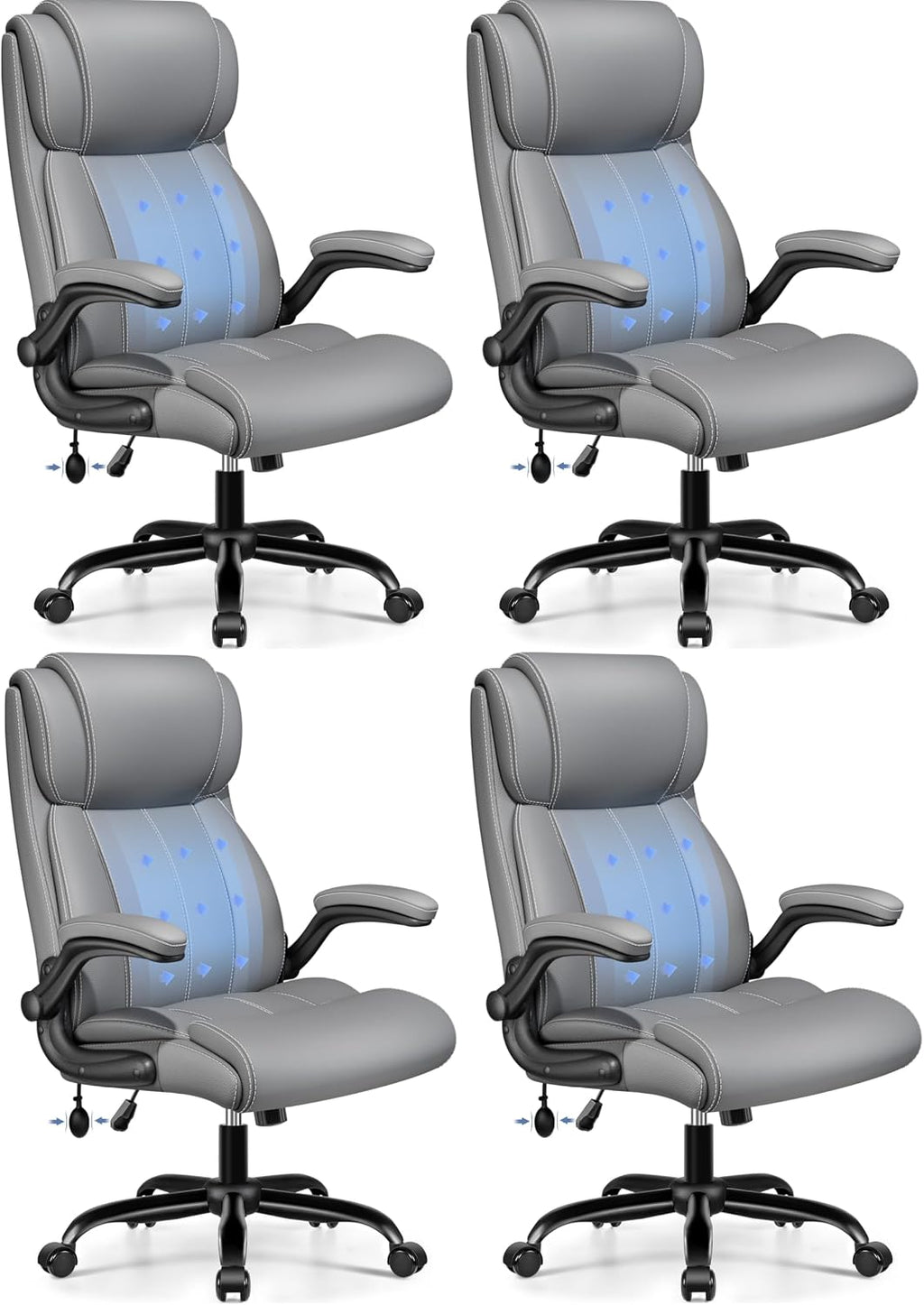 BESTFAIR Ergonomic Office Chair - Desk Computer Chair, Leather High Back Executive Chairs with Adjustable Lumbar Support & Flip Up Arms, Gray 4 Pack