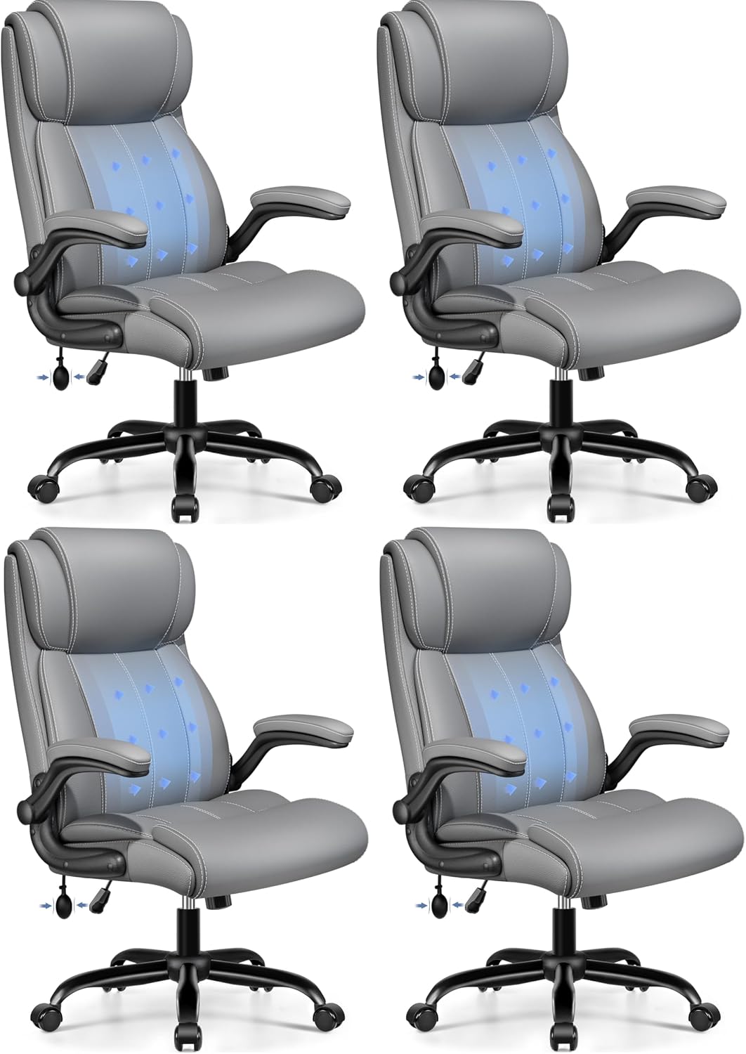 BESTFAIR Ergonomic Office Chair - Desk Computer Chair, Leather High Back Executive Chairs with Adjustable Lumbar Support & Flip Up Arms, Gray 4 Pack