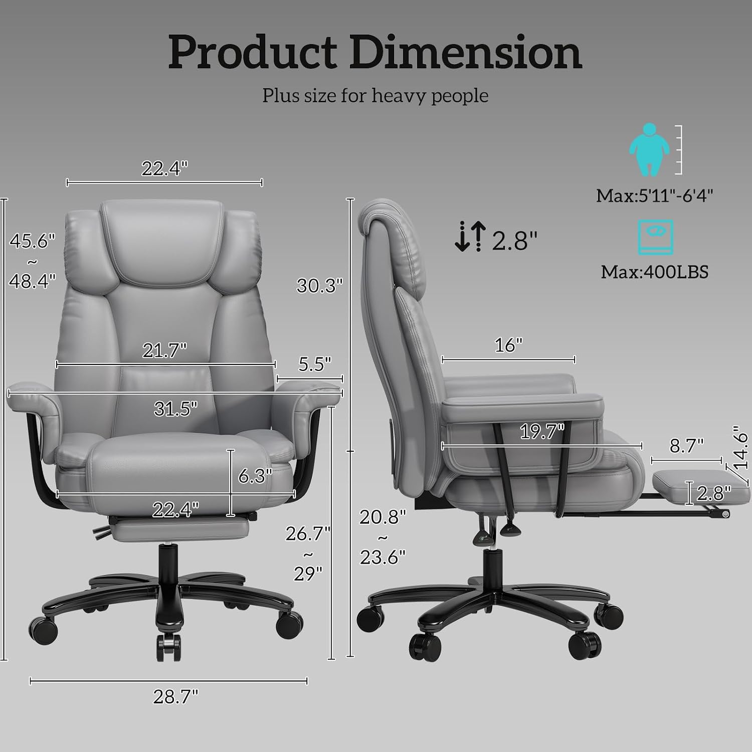 GYI Criss Cross Chair with Wheels, 160°Big and Tall Reclining Office Desk Chair with High Back, Wide Seat, Arms, Footrest, Grey