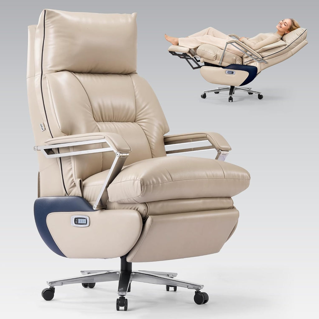OKUP® M80A Dual Motor Electric Executive Office Chair with Heat Massage Ventilation, Comfortable Reclining Office Chair Wide Seat, Ergonomic Leather Home Office Desk Chair (Beige,Multi-Functionality)