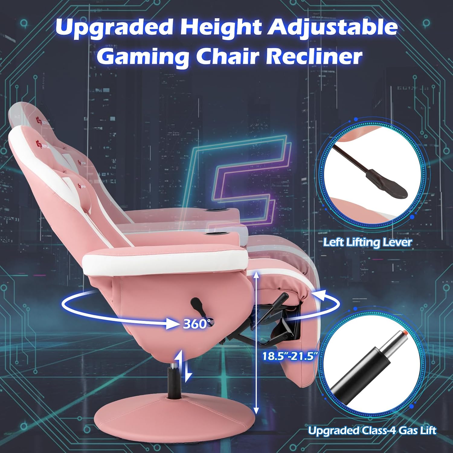 POWERSTONE Gaming Recliner, Adjustable Massage Gaming Chair with Cup Holder Footrest Ergonomic Single Sofa Living Room Home Theater Seating with Side Pouch (Pink)