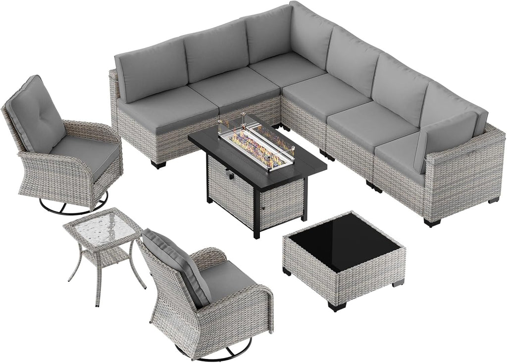 11-Piece Patio Furniture Set, Outdoor Patio Furniture with 55,000 BTU Fire Pit Table, Swivel Chairs Set, Thick Cushions, Modular Patio Sofa, Dual-Strand Wicker Rattan, Rust-Resistant Frame, Grey