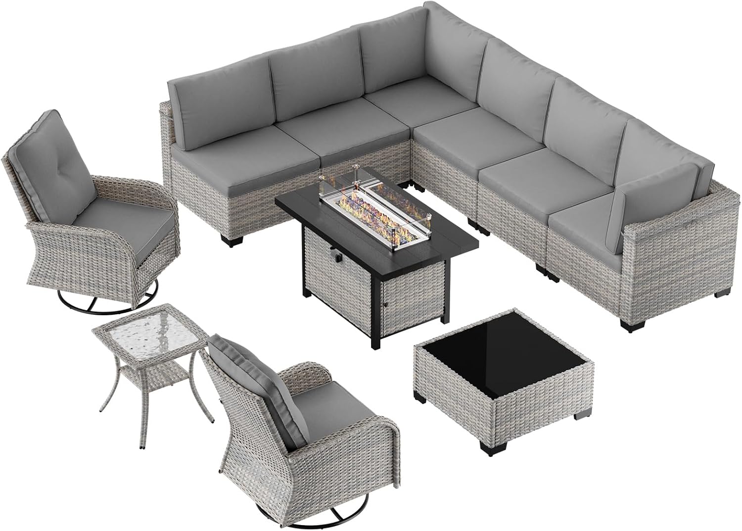 11-Piece Patio Furniture Set, Outdoor Patio Furniture with 55,000 BTU Fire Pit Table, Swivel Chairs Set, Thick Cushions, Modular Patio Sofa, Dual-Strand Wicker Rattan, Rust-Resistant Frame, Grey