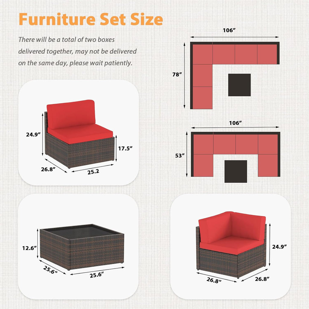 AECOJOY 7 Piece Outdoor Patio Furniture Set, Outdoor Sectional Conversation Furniture Chair with Coffee Table,Patio Sectional for Garden,Backyard(Red Cushions and Brown PE Rattan)