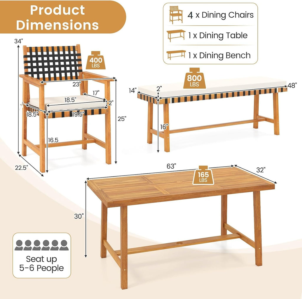 Tangkula 6 Piece Patio Dining Set for 5-6 People, 63' Outdoor Acacia Wood Table with 1.97' Umbrella Hole & Bench & 4 Cushioned Armchairs, for Deck Yard and Poolside
