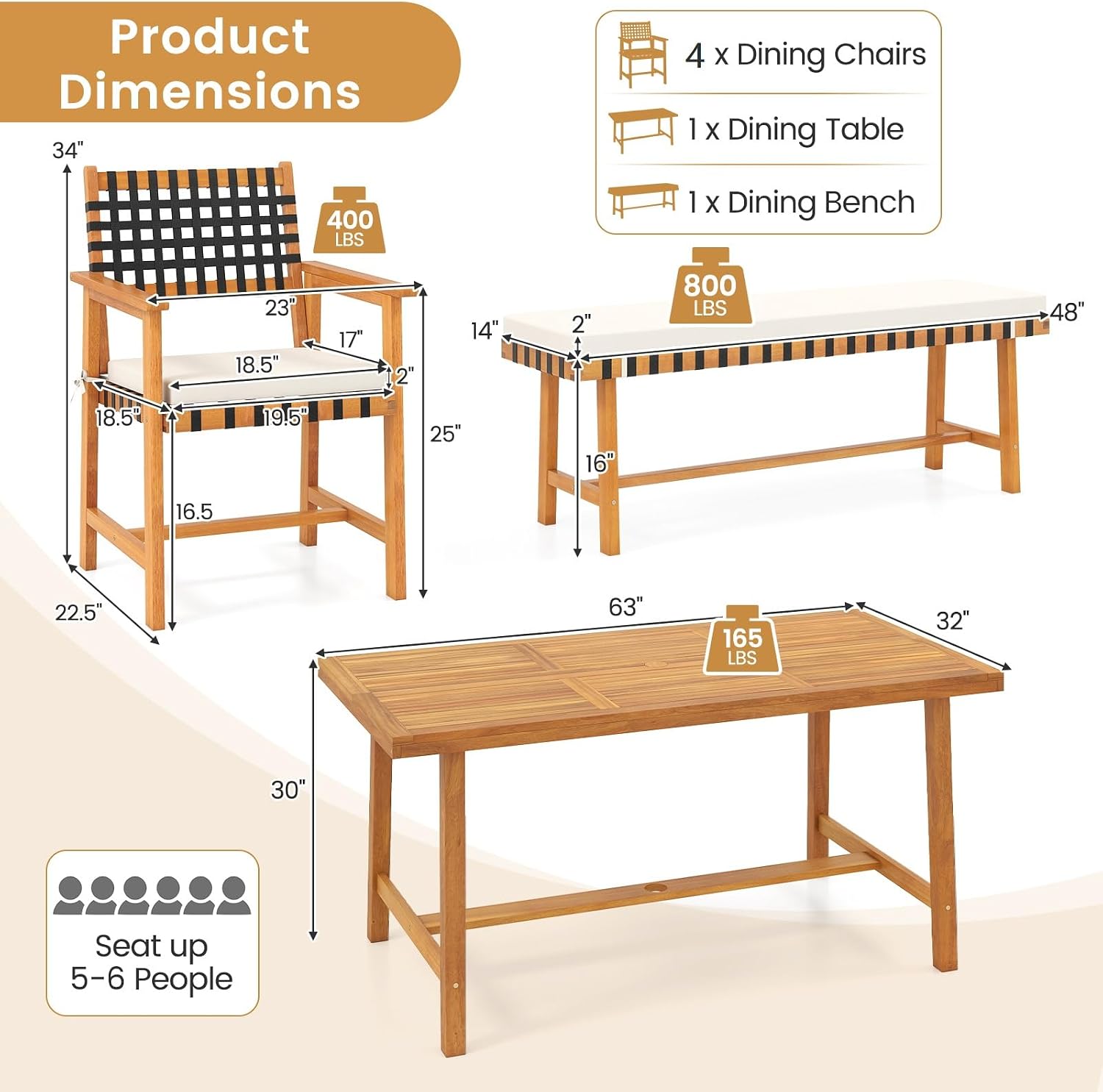 Tangkula 6 Piece Patio Dining Set for 5-6 People, 63' Outdoor Acacia Wood Table with 1.97' Umbrella Hole & Bench & 4 Cushioned Armchairs, for Deck Yard and Poolside