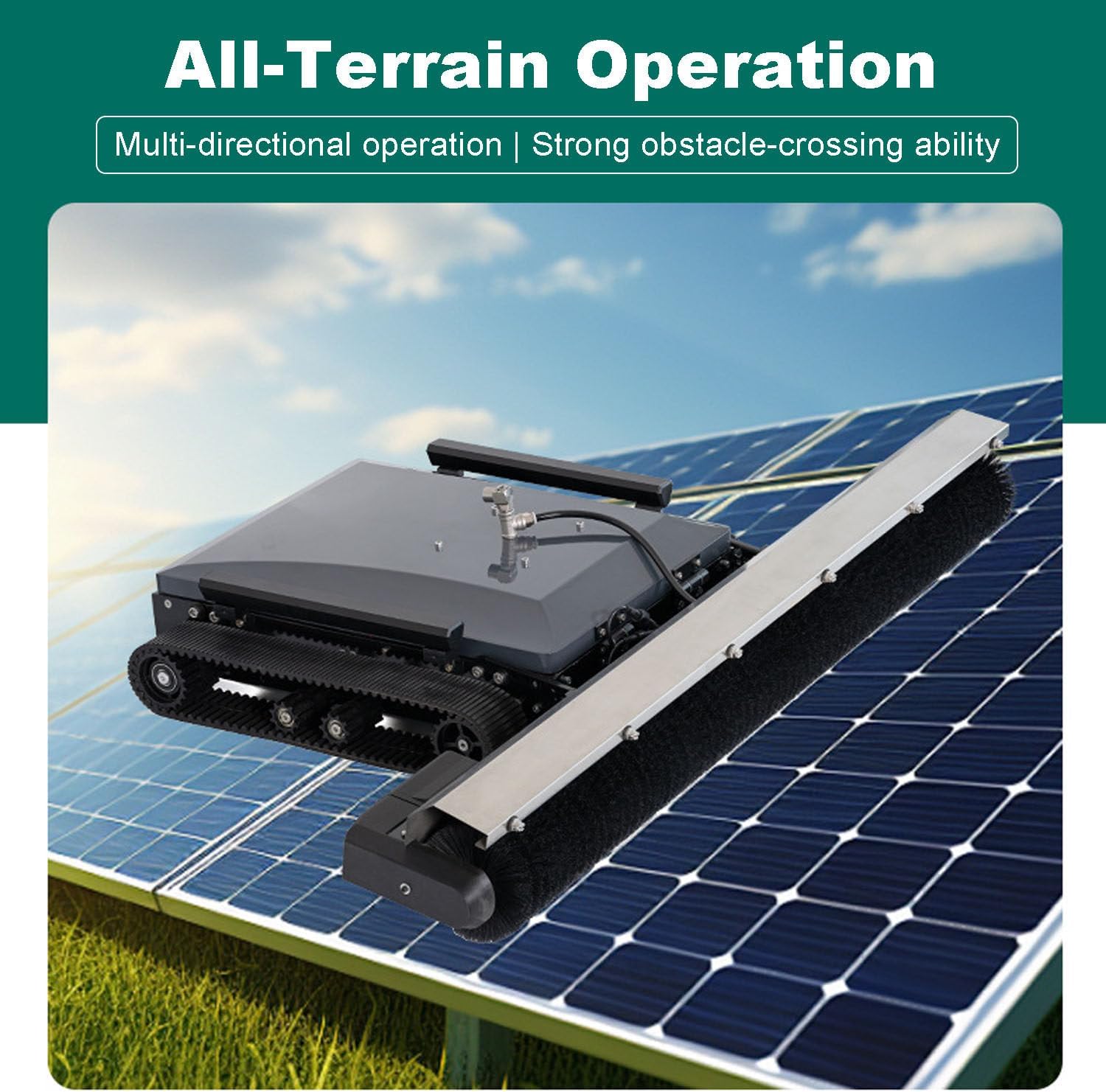 Automatic Solar Panel Cleaning Robot - Dry & Wet Cleaning, 130cm Cleaning Width, 15° Max Incline, Remote Controlled with 100m Hose & Water Pumb for Industrial Solar Maintenance