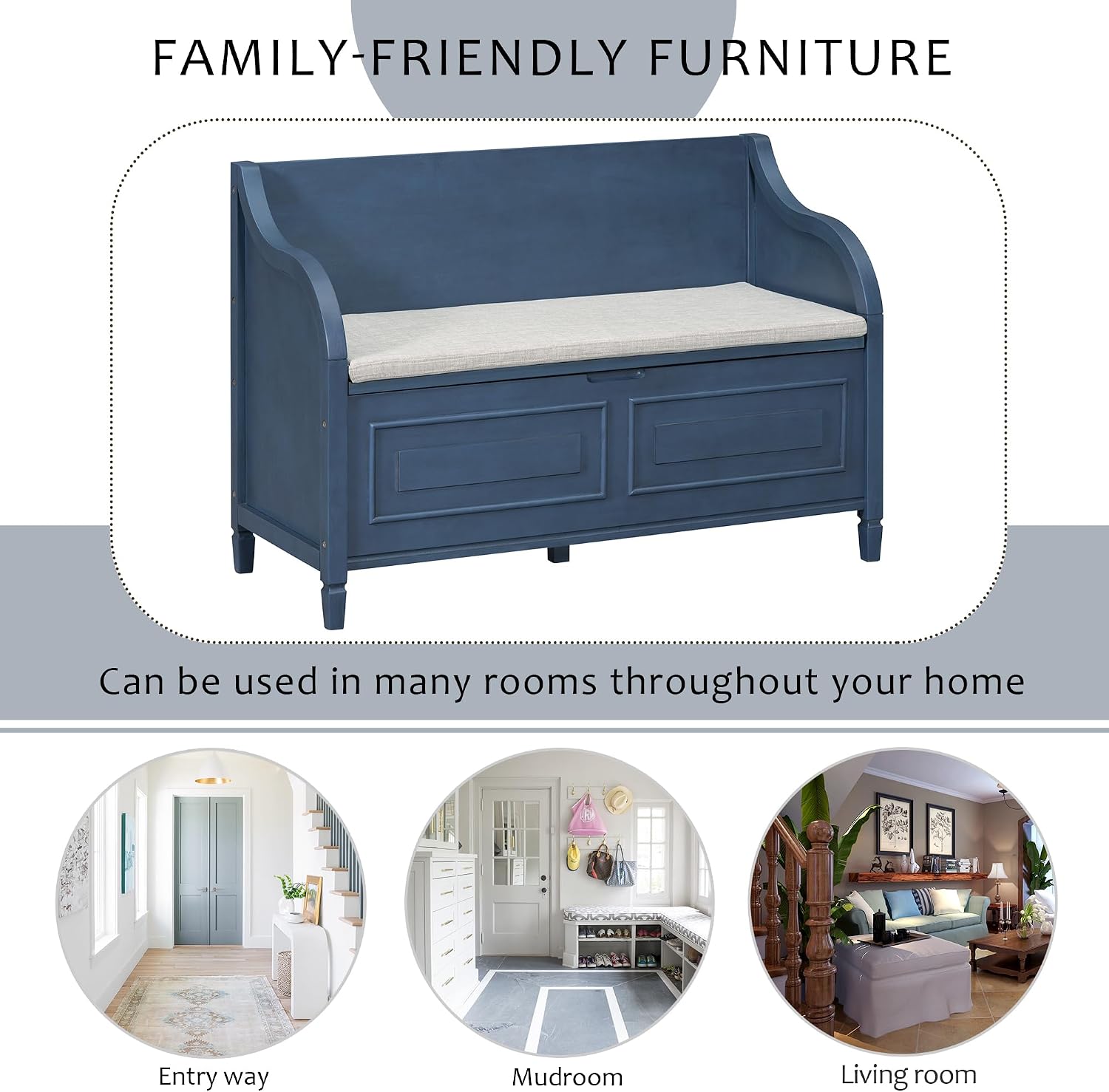 Bellemave Storage Bench with Safety Hinge Wooden Entryway Benches with Shoe Cabinets Under Seat Multifunctional Storage Bench for Entryway, Foyer or a Mudroom (Antique Navy+ Beige)