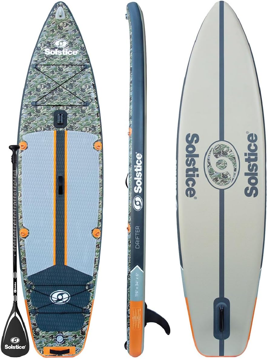Solstice Drifter Inflatable Stand Up Paddle Board Kit | Yak Attack Accessory Mount | 11'6 x 34'' x 6'' | 350 Pound Capacity | Included Paddle Straps | Military Grade Materials, Green Camo (36116)