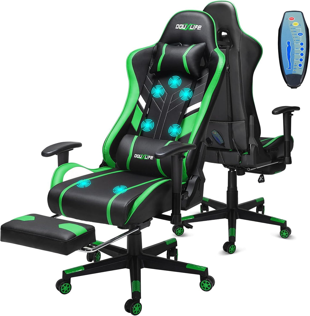 Douxlife 7-Point Massage Gaming Chair with Footrest, 400lbs Heavy Duty Ergonomic Computer Chair, 175° Reclining High Back Racing Seat for Adults with Adjustable Armrests & Lumbar Support, Green