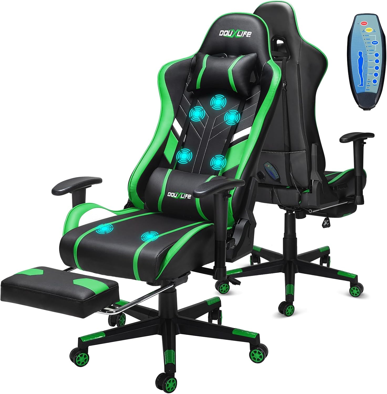 Douxlife 7-Point Massage Gaming Chair with Footrest, 400lbs Heavy Duty Ergonomic Computer Chair, 175° Reclining High Back Racing Seat for Adults with Adjustable Armrests & Lumbar Support, Green