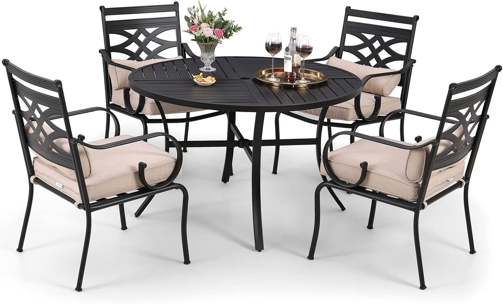 MFSTUDIO Patio Dining Sets for 4, Round Patio Table and Chairs Set with Umbrella Hole, 5 Piece Outdoor Dining Set for Deck, Poolside, Backyard, Garden