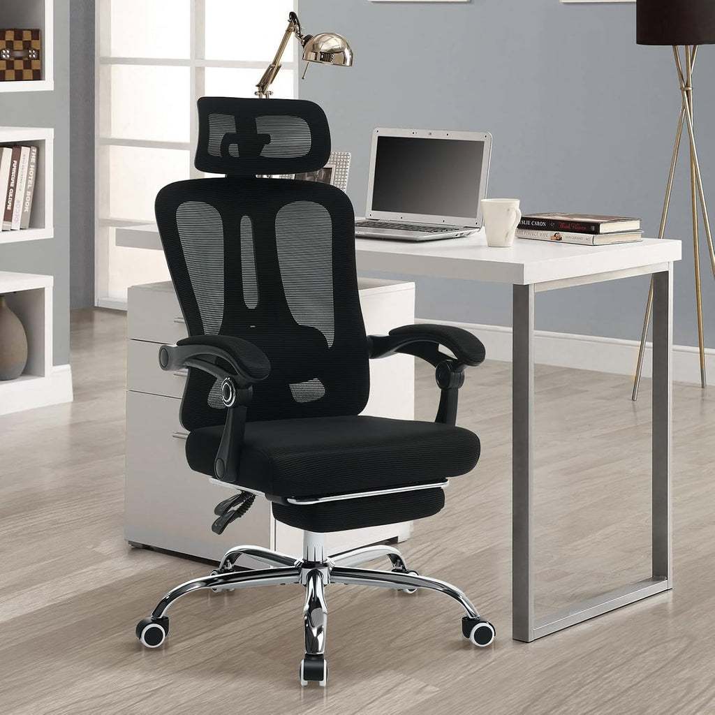 Mesh Ergonomic Office Chair with Footrest, Home Office Computer Desk Chair with Adjustable Headrest and Backrest, Comfortable Lumbar Support, Executive Desk Chair with Wheels 360 Swivel, Black