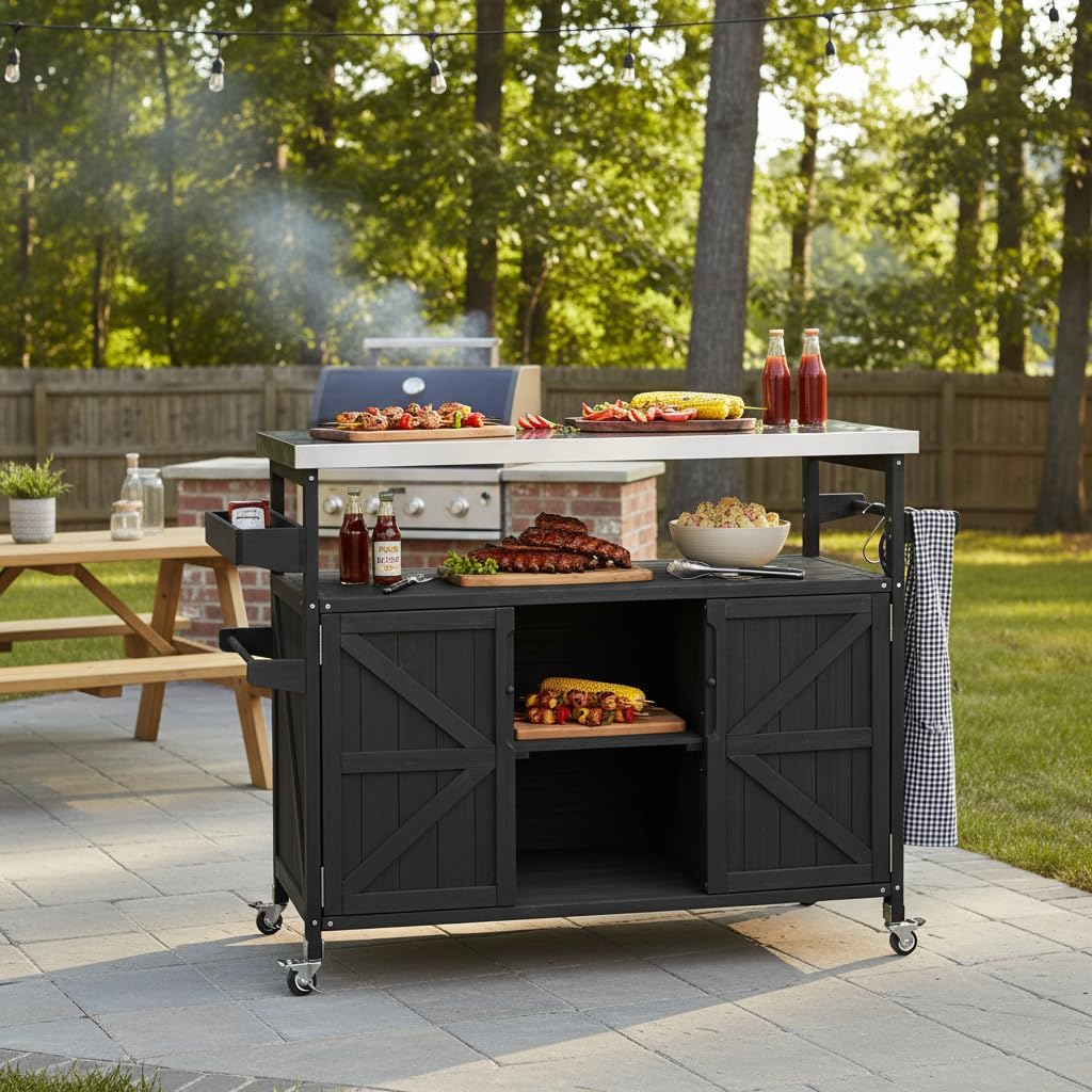 Outdoor Grill Table Bar Cart with Stainless Steel Top, Farmhouse Solid Wood Outdoor Kitchen Island with Spice Rack and Towel Rack, Rolling Island Cart for Kitchen, BBQ, Garden, Patio, Black