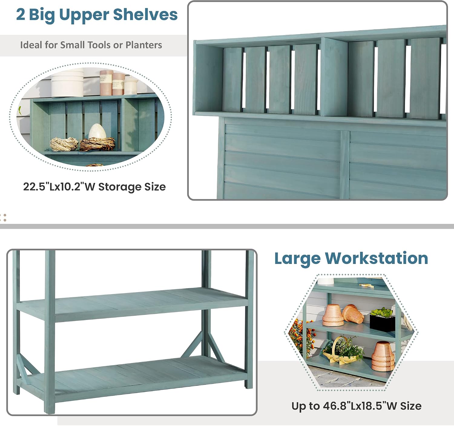 Harper & Bright Designs 65' Large Wooden Farmhouse Rustic Outdoor Potting Bench Table with 4 Storage Shelves and Side Hook, Patio Workstation, for Garden, Backyard, Green
