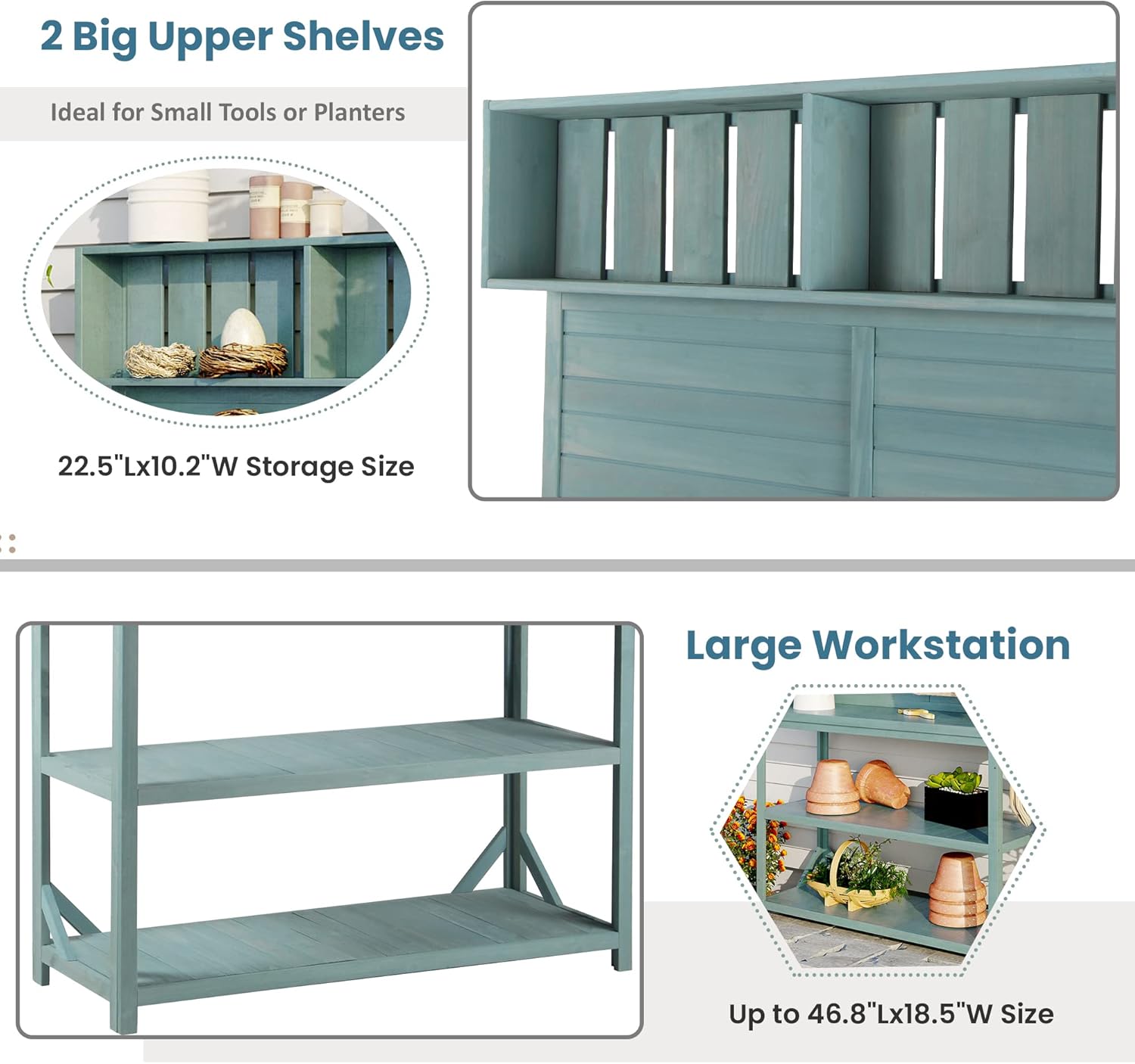 65' Large Outdoor Farmhouse Wooden Potting Bench Table, Patio Workstation with 4 Storage Shelves and Side Hook for Backyard, Mudroom Garden (Green#3, 65')