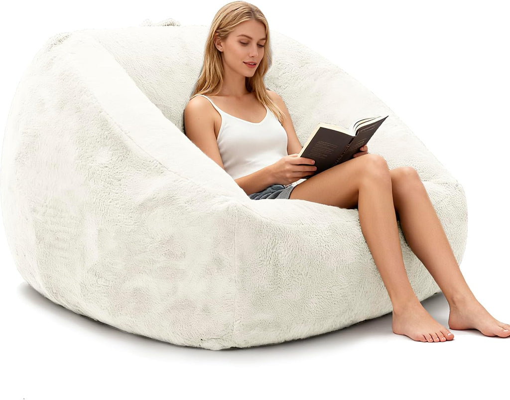 COSIEST Large Bean Bag Chair for Adults, Giant Bean Bag Couch with Armrests & Side Pocket, L-Shaped Faux Fur Beanbag Lounge Sofa Chair, Comfy Floor Sofa for Bedroom Living Room Reading, Cream White