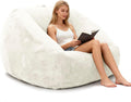 COSIEST Large Bean Bag Chair for Adults, Giant Bean Bag Couch with Armrests & Side Pocket, L-Shaped Faux Fur Beanbag Lounge Sofa Chair, Comfy Floor Sofa for Bedroom Living Room Reading, Cream White