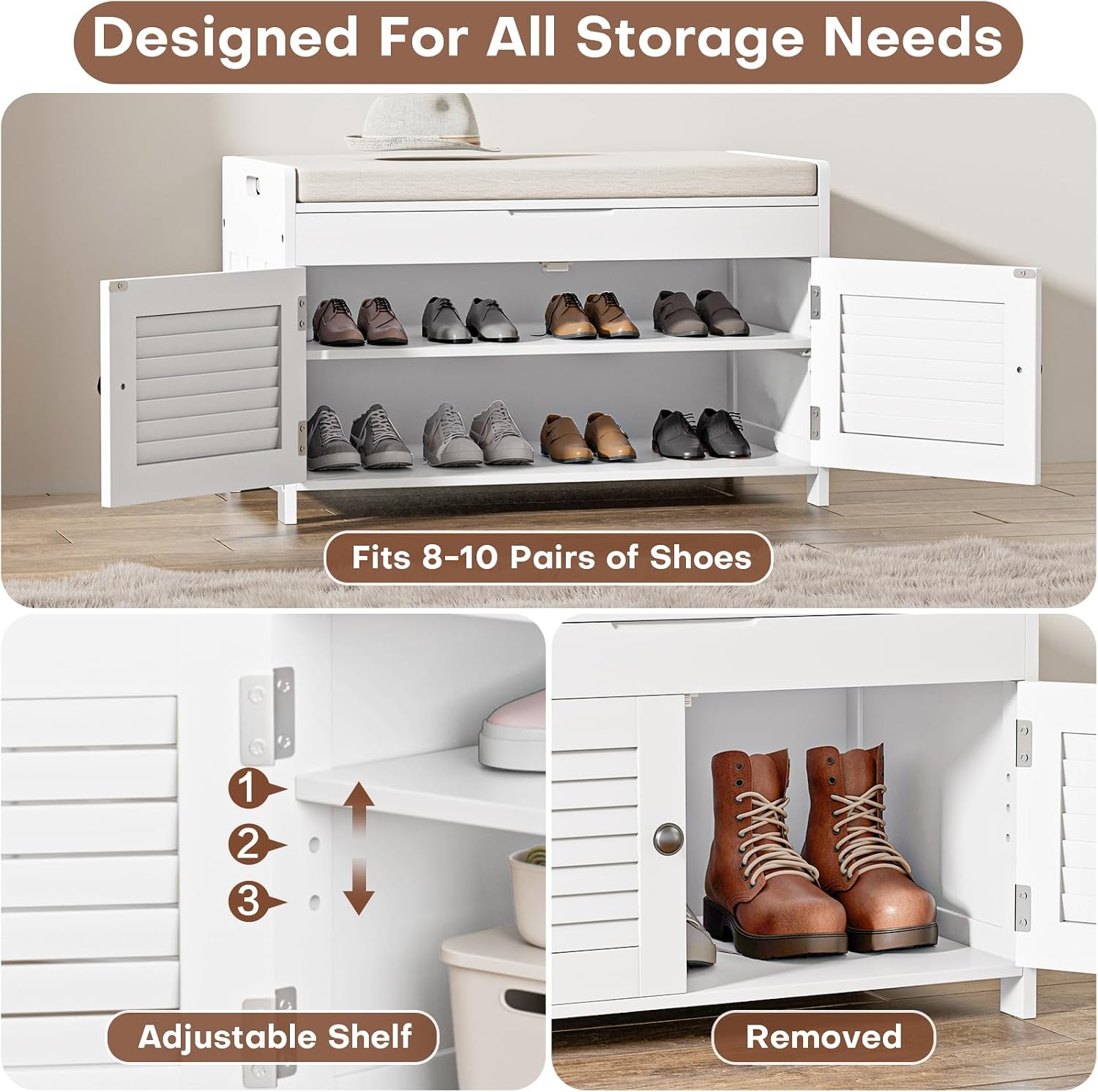 WARMHONIU Shoe Storage Bench with Lift Top Storage, Entryway Bench with Cushioned Seat, Adjustable Shelf, 2 Tier Shoe Rack with Doors for Entryway, Bedroom, Hallway, Mudroom, White