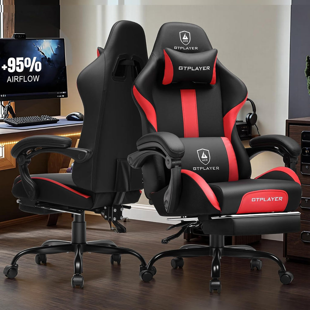 GTPLAYER Gaming Chair with Foot Rest & Pocket Spring Cushion, Ergonomic High Back Computer Chair with Headrest & 360°-Swivel Seat for Home Office Desk, PU Leather, Red