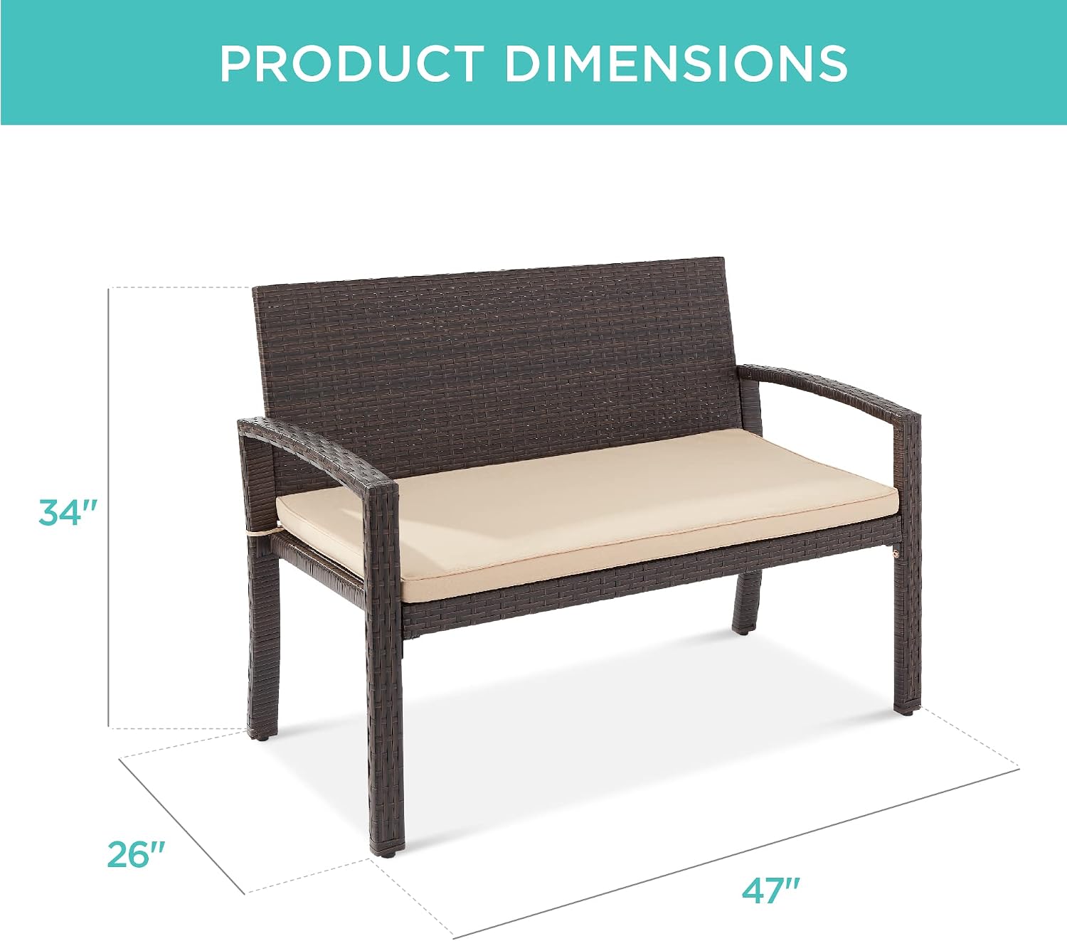 Best Choice Products Outdoor Bench 2-Person Wicker Garden Patio Benches Seating Furniture for Backyard, Porch w/Seat Cushion, 700lb Capacity - Brown/Tan