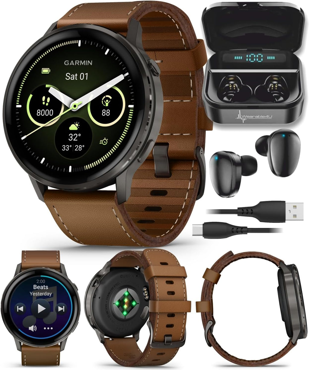 Garmin Venu 4 45mm AMOLED Advanced Health & Fitness GPS Smartwatch, Colorful Display, Flashlight, Up to 12 Days Slate w/Black Silicone & Brown Leather Bands w/Wearable4U Black Earbuds Bundle