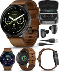 Garmin Venu 4 45mm AMOLED Advanced Health & Fitness GPS Smartwatch, Colorful Display, Flashlight, Up to 12 Days Slate w/Black Silicone & Brown Leather Bands w/Wearable4U Black Earbuds Bundle