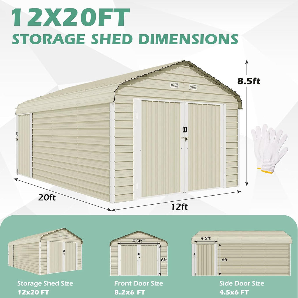 EROMMY 12x20 FT Heavy Duty Carport - Galvanized Steel Frame Car Shelter with Reinforced Base, Enclosed Storage Shed for Cars & Trucks, Beige