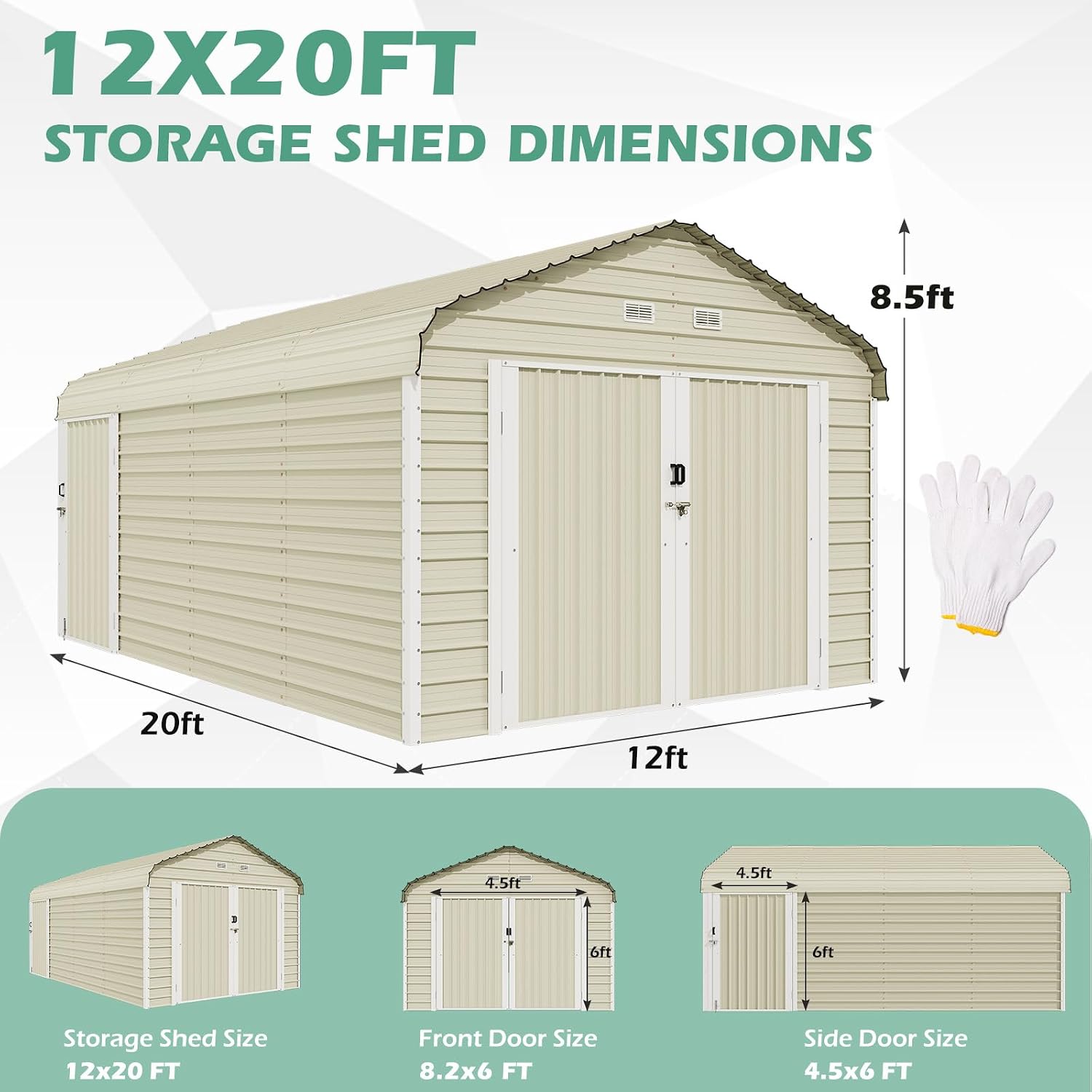 EROMMY 12x20 FT Heavy Duty Carport - Galvanized Steel Frame Car Shelter with Reinforced Base, Enclosed Storage Shed for Cars & Trucks, Beige