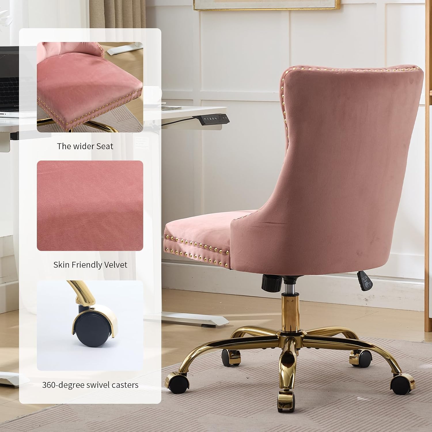 Pink Velvet Home Office Desk Chair with Wheels & Gold Base, Comfy Makeup Vanity Chair with Tufted Back for Women Girls, Upholstered Adjustable Swivel Armless Office Chair for Bedroom, Pink