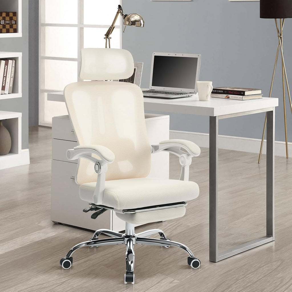 Mesh Ergonomic Office Chair with Footrest, Home Office Computer Desk Chair with Adjustable Headrest and Backrest, Comfortable Lumbar Support, Executive Desk Chair with Wheels 360 Swivel, Beige