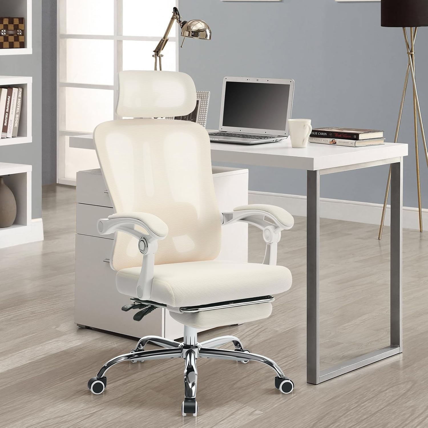 Mesh Ergonomic Office Chair with Footrest, Home Office Computer Desk Chair with Adjustable Headrest and Backrest, Comfortable Lumbar Support, Executive Desk Chair with Wheels 360 Swivel, Beige