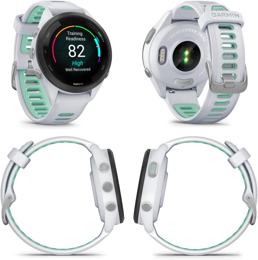 Garmin Forerunner 265S Music GPS Running 42 mm Smartwatch, Whitestone with AMOLED 1.1in Touchscreen Display Black Earbuds Bundle, White +Blk EarBuds
