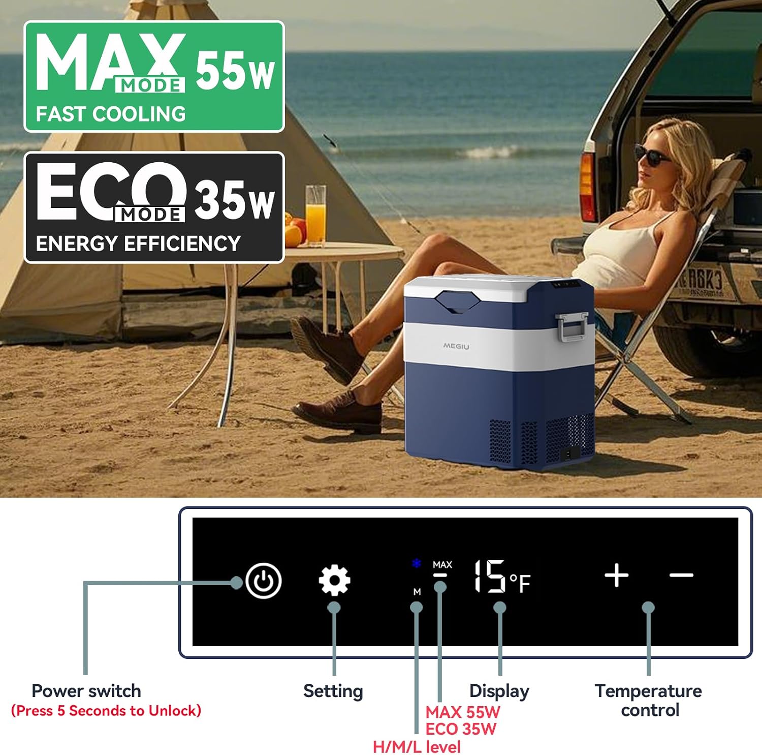 Megiu 12 Volt Refrigerator Car Fridge Portable 12V 45 Quart Freezer Compressor Cooler 12V/24V DC 110～240 V AC for Truck Van RV Camper SUV and Home Use