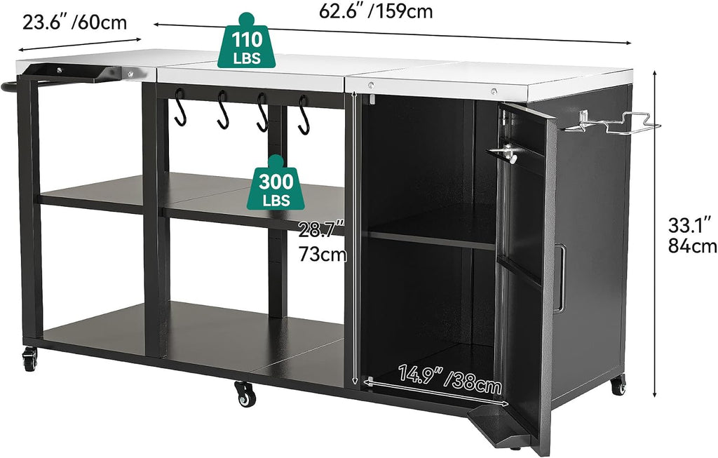 YITAHOME Big Green Egg Grill Table with Removable Stainless Steel Tabletop, Outdoor Kitchen Island with Spice Rack, Paper Towel Holder, and Trash Bag Holder, BBQ Prep Table for Parties