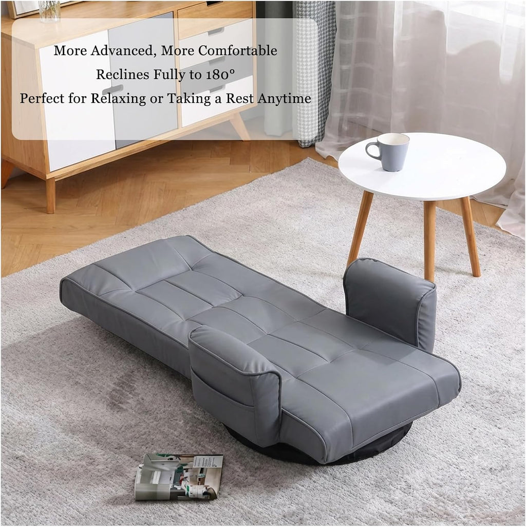 360° Swivel Floor Chair with Armrests, 14-Position Adjustable Floor Lounger for Adults, Folding Padded Floor Seat with Backrest for Gaming, Reading & Living Room (Grey)