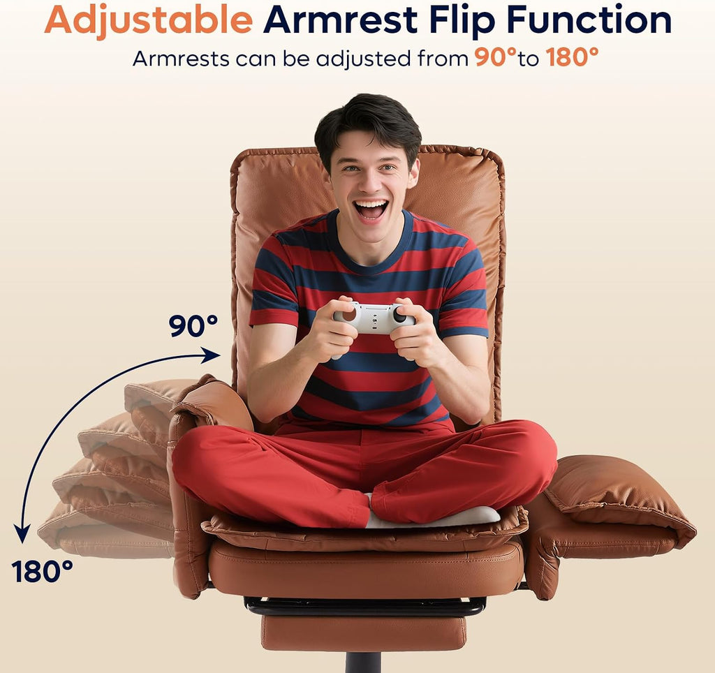 Bestier Cross Legged Office Chair with Footrest, High Back Criss Cross Chair with Reversible Armrests and Wheels, Big and Tall Reclining Office Chair for Home PU Leather Brown