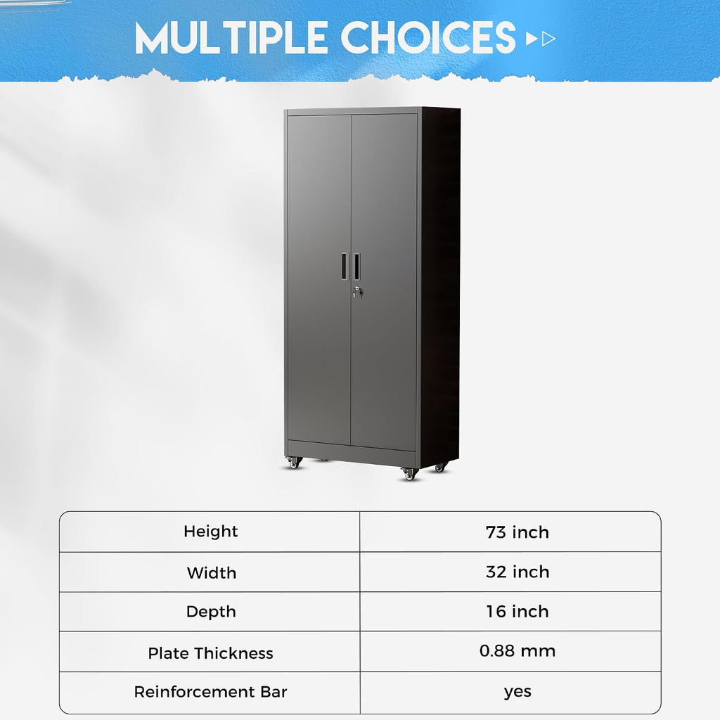 Greenvelly Metal Storage Cabinet with 4 Swivel Wheels,73' H Black Garage Storage Cabinet with Wheels, Rolling Tool Cabinet with Locking Doors and Shelves for Home,Basement, Kitchen Pantry,Warehouse