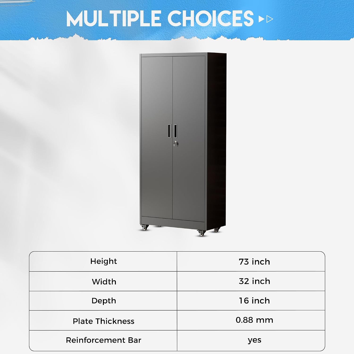Greenvelly Metal Storage Cabinet with 4 Swivel Wheels,73' H Black Garage Storage Cabinet with Wheels, Rolling Tool Cabinet with Locking Doors and Shelves for Home,Basement, Kitchen Pantry,Warehouse