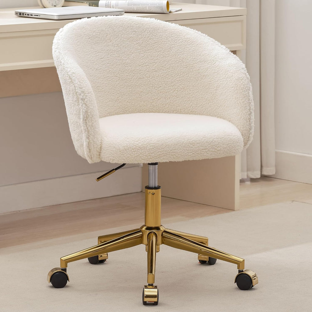KCC Faux Fur Office Desk Chair, Comfy Fluffy Swivel Modern Leisure Armchair with Wheels, Upholstered Comfy Fuzzy Vanity Makeup Chair Height Adjustable for Teens Women Girls Elegant Home Office