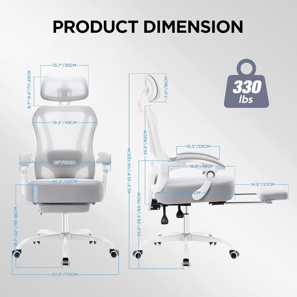 Ergonomic Office Chair with Footrest,Ultra Thick Reclining Office Desk Chair with Adjustable 2D Lumbar Support and Headrest,Spring Cushion,High Back Premium Mesh Computer Chair Office Chairs,Grey